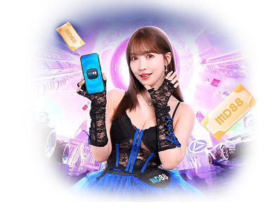 MD88 features a promotional model holding a smartphone displaying the MD88 app, surrounded by bonus tickets, sports cars, and a glowing futuristic background.
