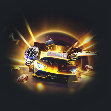 MD88 showcases luxury rewards featuring a golden sports car, a luxury wristwatch, a private jet, a designer handbag, and sparkling diamonds against a glowing background.