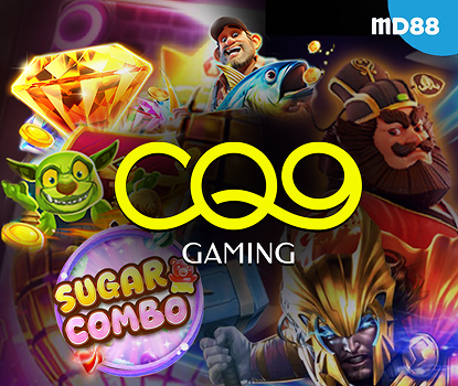 MD88 showcases the CQ9 Gaming slot games collection featuring colorful characters, a large diamond, fantasy themes, and the Sugar Combo game logo in a vibrant casino-style design.