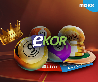MD88 showcases Ekor lottery games featuring colorful numbered bingo balls, stacks of lottery chips, a golden crown, and lottery tickets in a vibrant gaming-themed design.