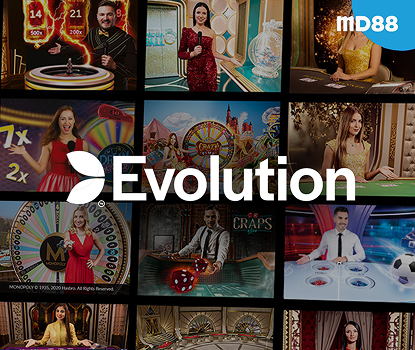 MD88 features Evolution live casino games with professional dealers hosting roulette, blackjack, craps, game shows, and other live table games in a premium studio environment.