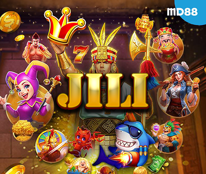 MD88 showcases the JILI casino games collection featuring colorful slot characters, a warrior, a pirate, a jester, a shark, and other themed game icons surrounding the JILI logo.