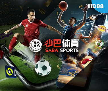 MD88 showcases the SABA Sports betting platform featuring football and basketball athletes in action, with sports league logos and mobile devices highlighting a dynamic sports betting experience.
