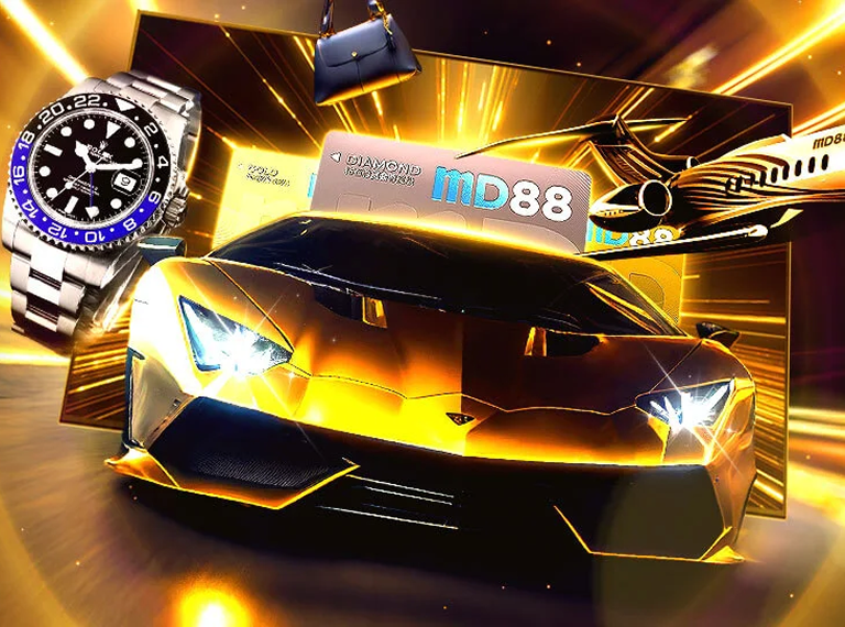 This image shows a MD88 promotional banner featuring a luxury sports car, a wristwatch, a private jet, a diamond, a branded membership card, and other premium rewards against a glowing gold background, representing VIP prizes and exclusive promotions.