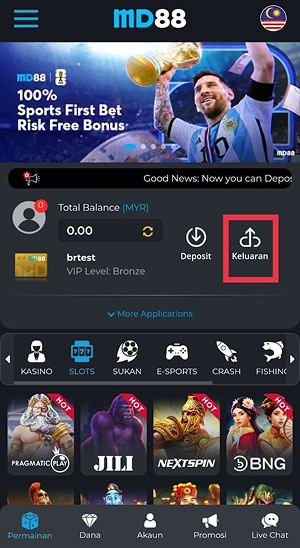 This image shows the MD88 mobile app homepage displaying the account dashboard, casino game categories, promotional banners, and a highlighted Withdrawal (Keluaran) button to guide users in withdrawing funds from their account.
