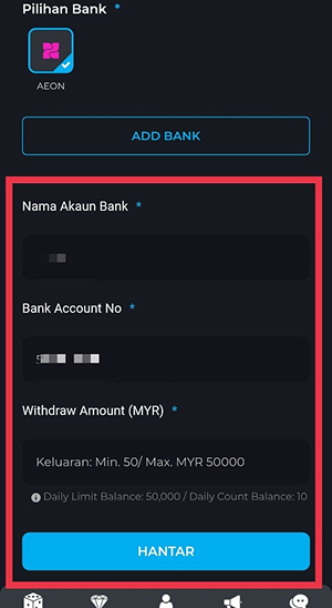 This image shows the MD88 withdrawal form displaying fields for the bank account name, bank account number, and withdrawal amount in MYR, along with a Submit (Hantar) button to complete the withdrawal request.