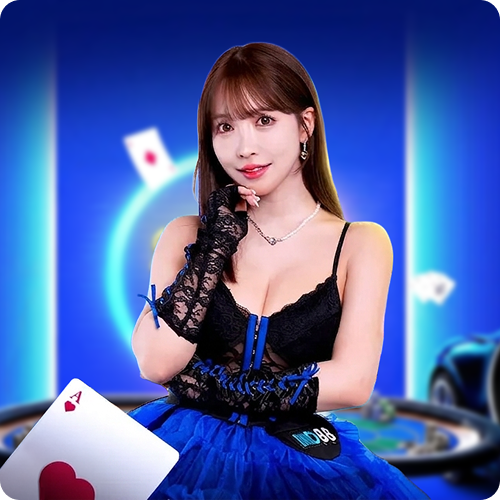 This image shows a promotional model in a blue and black outfit posing in front of a casino-themed background while holding an ace playing card, alongside the keyword MD88.