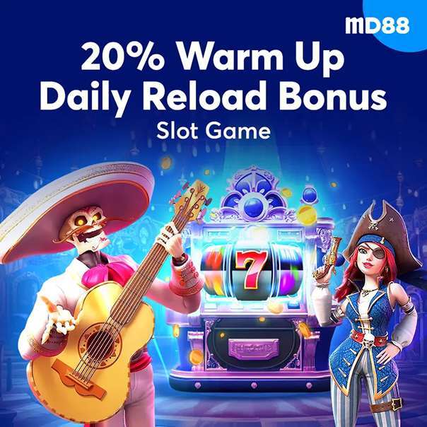 The MD88 APK promotional banner advertises a 20% Warm Up Daily Reload Bonus for slot games, featuring a slot machine, a mariachi character with a guitar, and a pirate-themed character.