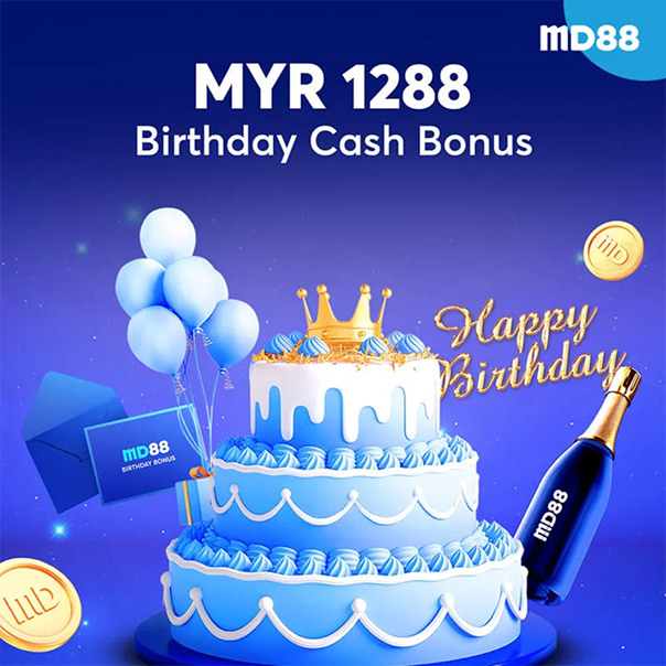 The MD88 APK promotional banner advertises a MYR 1288 Birthday Cash Bonus, featuring a decorated birthday cake, balloons, a champagne bottle, and festive birthday-themed graphics.