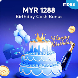 This image shows a MD88 promotional banner advertising a MYR 1288 Birthday Cash Bonus, featuring a decorated birthday cake with a crown, balloons, a champagne bottle, floating coins, and an MD88 gift box celebrating a birthday rewards promotion.