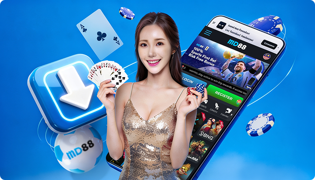 A promotional graphic showing a smiling woman holding playing cards and casino chips beside a smartphone displaying an online casino interface, with gaming elements highlighting the features of MD88 Login.