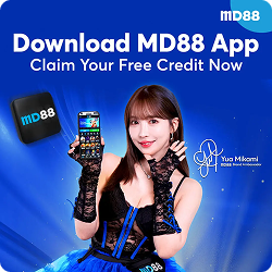 This image shows a MD88 promotional banner featuring a promotional model holding a smartphone, advertising the Download MD88 App offer with the text “Claim Your Free Credit Now,” alongside an MD88-branded app icon.