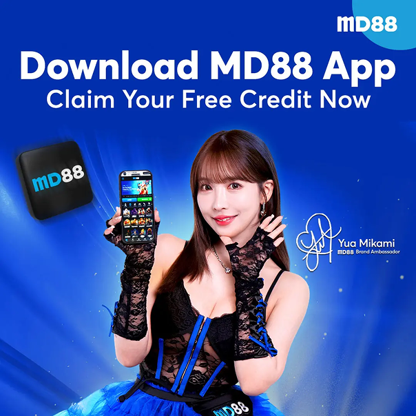 The MD88 APK promotional banner features a woman holding a smartphone displaying the app, alongside a download message encouraging users to claim free credit.