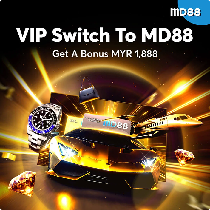 This image shows a MD88 promotional banner advertising the VIP Switch To MD88 offer with a Get A Bonus MYR 1,888 promotion, featuring a luxury sports car, a premium watch, a private jet, a branded membership card, a handbag, and diamonds representing exclusive VIP rewards.