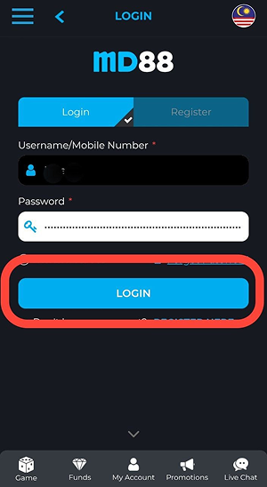This image shows the MD88 login page with fields for a username or mobile number and password, along with a highlighted Login button indicating where users can sign in to their account.