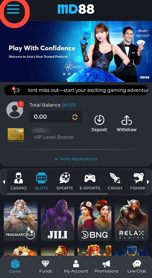 This image shows the MD88 mobile app homepage with promotional banners, account information, casino game categories, and a highlighted menu icon in the top-left corner indicating where users can access the main navigation options.