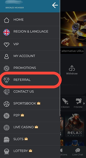 This image shows the MD88 mobile app navigation menu with various sections, including Home, VIP, My Account, Promotions, and a highlighted Referral option indicating where users can access the referral program.