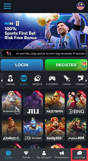 The MD88 APK mobile app homepage features a sports bonus promotion banner, login and register buttons, game categories, and a selection of casino game providers.