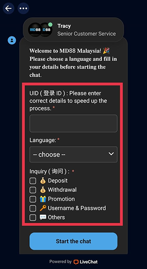 The MD88 APK live customer support chat screen displays a form for entering a user ID, selecting a language, choosing an inquiry type, and starting a chat with customer service.