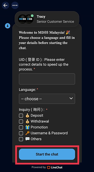 The MD88 APK live customer support screen displays a completed inquiry form with a prominent Start the chat button for connecting with a customer service representative.