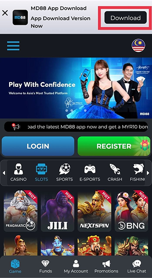 The MD88 APK mobile app homepage displays a download banner, login and register buttons, game categories, and featured casino game icons in a mobile interface.