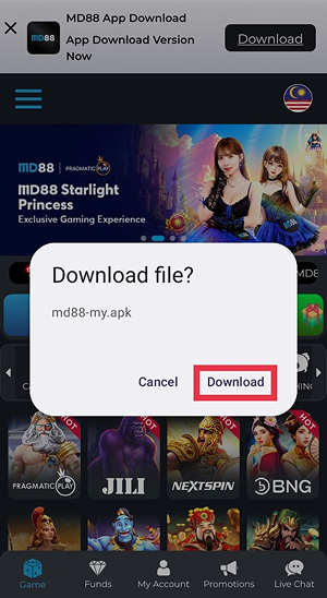 The MD88 APK mobile app displays a download confirmation dialog for an APK file, with the Download button highlighted above the gaming interface.