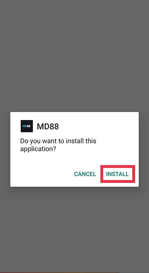 The MD88 APK installation confirmation screen displays a prompt asking whether to install the application, with the Install button highlighted for the next step.