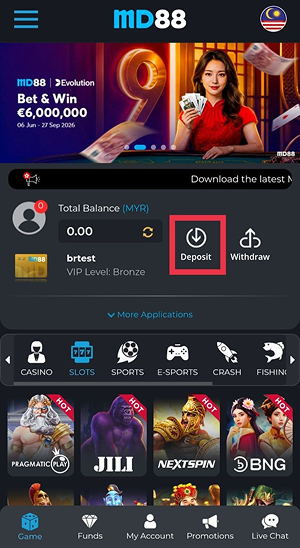 This image shows the MD88 mobile app homepage displaying the account dashboard, casino game categories, promotional banners, and a highlighted Deposit button to guide users in adding funds to their account.