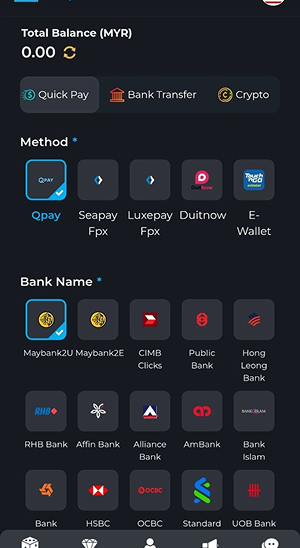 This image shows the MD88 deposit page displaying multiple payment methods including QPay, Seapay, Luxepay, DuitNow, and E-Wallet, along with a selection of Malaysian banks for secure account deposits.