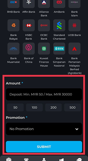 This image shows the MD88 deposit page highlighting the amount entry section, preset deposit values, promotion selection dropdown, and the Submit button for completing a deposit transaction.
