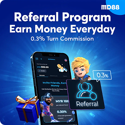 This image shows a MD88 promotional banner advertising the Referral Program with the text “Earn Money Everyday” and “0.3% Turn Commission,” featuring a smartphone, a referral icon, a gift box, and a cartoon character representing referral rewards.