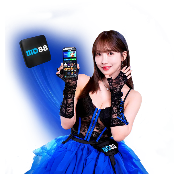 A promotional image featuring a smiling woman holding a smartphone displaying an online casino app interface, with the MD88 logo beside her, highlighting the mobile gaming experience of MD88 Login.
