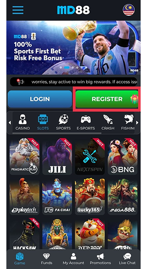 A smartphone screen displaying the MD88 Login mobile casino homepage with login and register buttons, sports betting promotions, and a selection of online casino games and gaming categories.