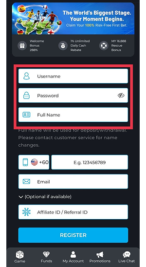 A smartphone screen displaying the MD88 Login registration page with fields for username, password, full name, phone number, email, referral ID, and a register button for creating a new account.