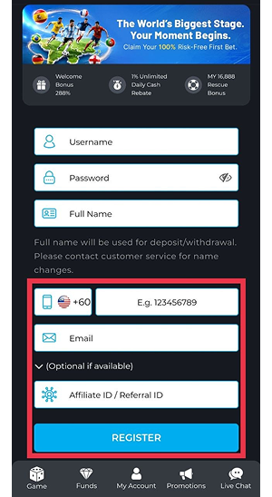 A smartphone screen displaying the MD88 Login registration page with highlighted fields for phone number, email, affiliate or referral ID, and the register button for creating a new player account.