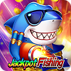 This image shows the Jackpot Fishing game icon featuring a smiling cartoon shark wearing sunglasses against a colorful underwater-themed background, alongside the keyword MD88.
