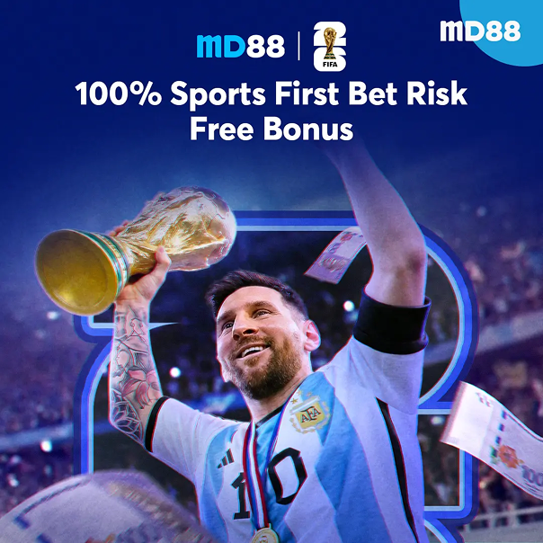 This image shows a MD88 promotional banner featuring a football champion lifting a trophy in a stadium, highlighting a 100% Sports First Bet Risk Free Bonus offer with FIFA branding.