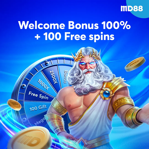 This image shows a MD88 promotional banner featuring a mythological god-like character standing beside a bonus prize wheel, advertising a Welcome Bonus of 100% plus 100 free spins.