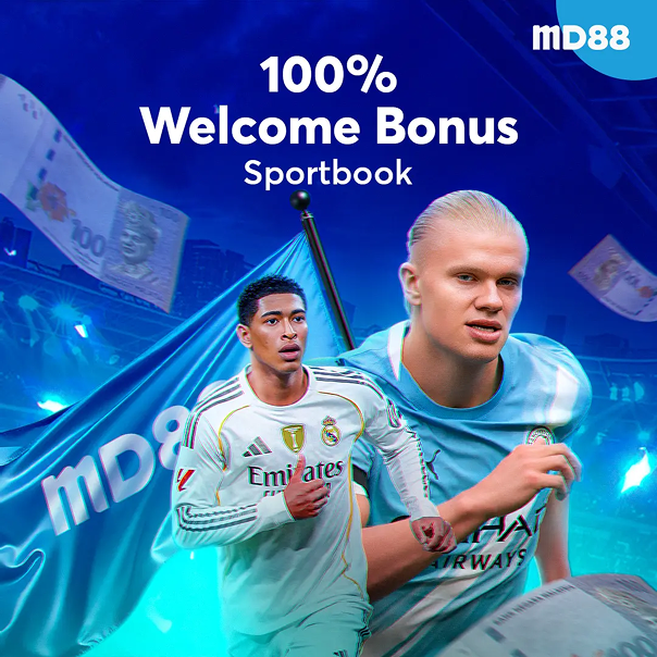 This image shows a MD88 promotional banner featuring two football players with a stadium background, advertising a 100% Welcome Bonus for the sportsbook platform.