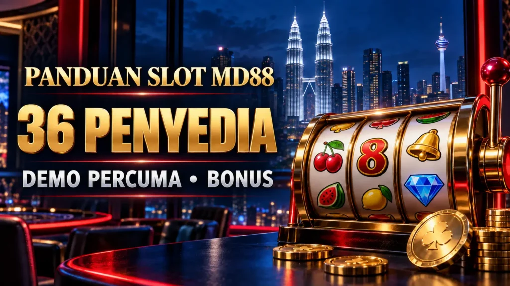 Kulit panduan slot MD88 Malaysia dengan gelendong emas, latar langit Kuala Lumpur serta teks 36 penyedia, demo percuma dan bonus.