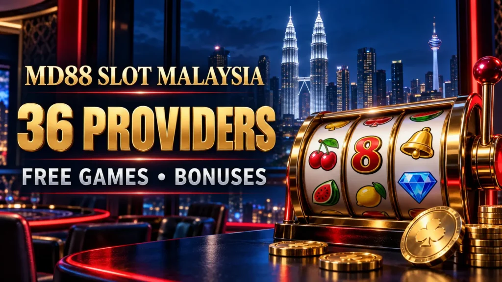 MD88 slot guide cover with gold reels, a Kuala Lumpur skyline, and labels for 36 providers, free games, and bonuses.